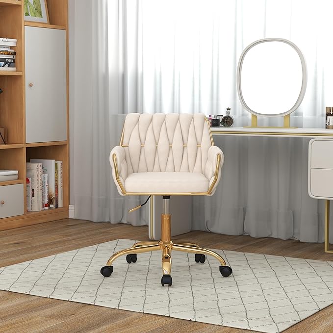 Velvet Home Office Chair, Modern Height-Adjustable Vanity Chair with Golden Base and Hand-Woven Backrest for Bedroom/Study/Vanity (Beige)