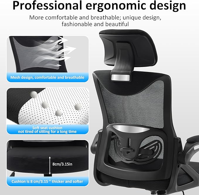 Fizzin Ergonomic Office Chair,Ergonomic Desk Chair with Headrest Mesh Computer Chair with High Back Adjustable Lumbar Support, Rolling Swivel Chairs with Wheel Armrests for Home Office,Black