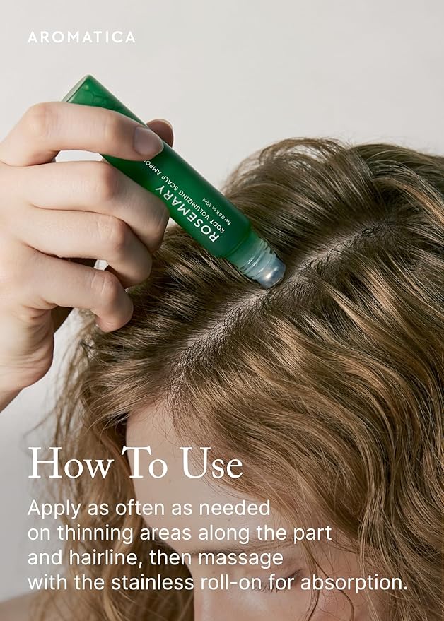 AROMATICA Rosemary Root Volumizing Scalp Serum, Hair Growth Serum Roll on, Caffeine 10,000ppm & Rosemary Essential oils 1,400 ppm, Cooling Scalp Korean hair care, Silicon/Paraben/Sulfate‑Free (0.67oz)