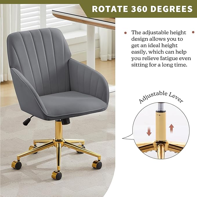 Velvet Home Office Desk Chair, Modern Cute Computer Task Chair with Back, Height Adjustable Upholstered Vanity Chair with Swivel Wheels for Women, Girls (Gold Base, Gray