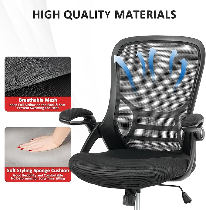 HYLONE Office Chair Ergonomic Chair with Flip up Armrests, Thickened Seat Computer Chair with Breathable Mesh Back Home Office Computer Chairs for Long Hours Mesh Office Chair(Black)