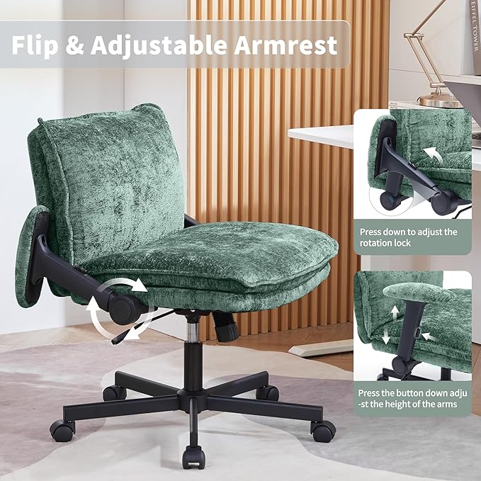 Cross Legged Office Chair, Height Adjustable Swivel Desk Chair with Flip-Up Arms, Padded Criss Cross Chair for Home Office & Bedroom