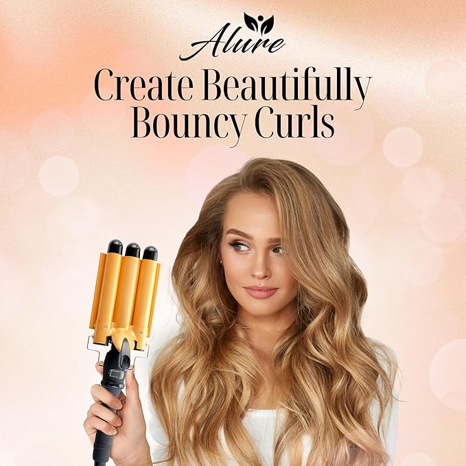 Alure Three Barrel Curling Iron Wand with LCD Temperature Display - 1 Inch Ceramic Tourmaline Triple Barrels, Dual Voltage Crimping Tool, Best Hair Waver for Beachy/Frizz Free Waves (zGold)