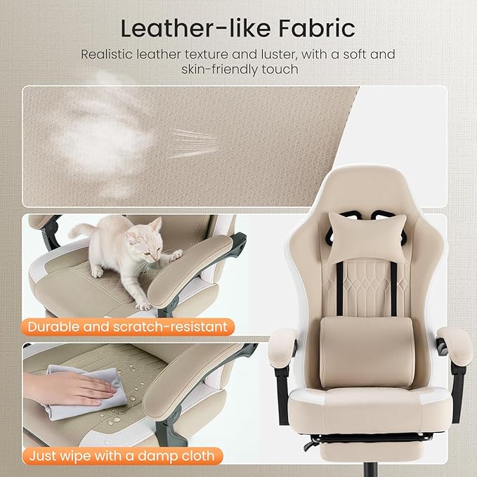 NEWBULIG Gaming Chair with Footrest – High Back Ergonomic Computer Desk Chair with Lumbar Support, Headrest, Linkage Armrests, Reclining Office Chair with 360° Swivel & Height Adjustment, Khaki