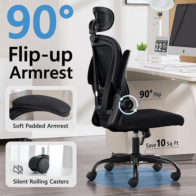 Office Chair, Ergonomic Office Chair with Headrest, Comfy Home Office Desk Chairs with Lumbar Support & Flip-up Armrests, 330LBS High Back Mesh Computer Desk Chair for Home Office, Black