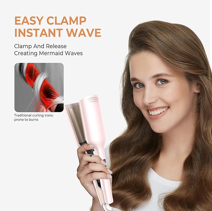 Waver Hair Tool,Mini Waver Curling Iron，Curling Iron Hair Crimper Waver，Ionic Deep Waver Curling Wand with Ceramic 2 Barrel for Women，Double Voltage, Easy to Use, Pink, 1.25 Inch. (Pink)