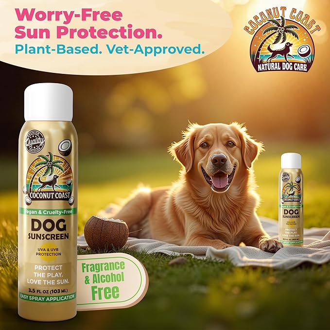 Coconut Coast Dog Sunscreen-SPF 30+ With Skin Moisturizing Vitamin E and Aloe Vera- No Zinc Oxide Safe for All Dogs- Dog Beach Accessories, Dog Camping Gear, Sunscreen for White Dogs