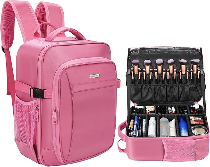 Relavel Makeup Backpack, Professional Travel Train Case Makeup Artist Kit Set Bag for Women Extra Large Cosmetic Organizer, Brush Storage Holder, with Adjustable High Dividers, Rose Pink