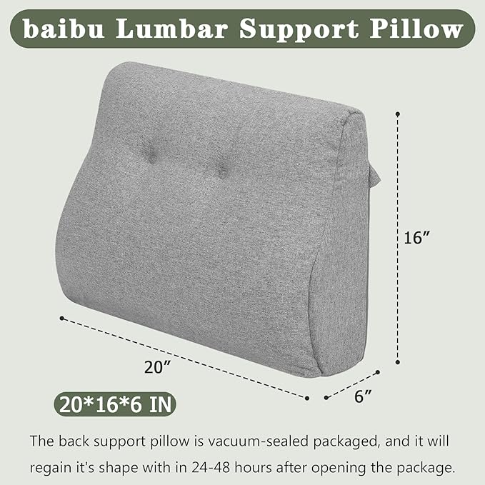 baibu Lumbar Support Pillow for Recliner, Large Memory Foam Dual-Layer Patent Design Back Support Cushion for Sofa & Gaming Chair, Ergonomic Lumbar Pillow with Machine Washable Cover, Light Grey