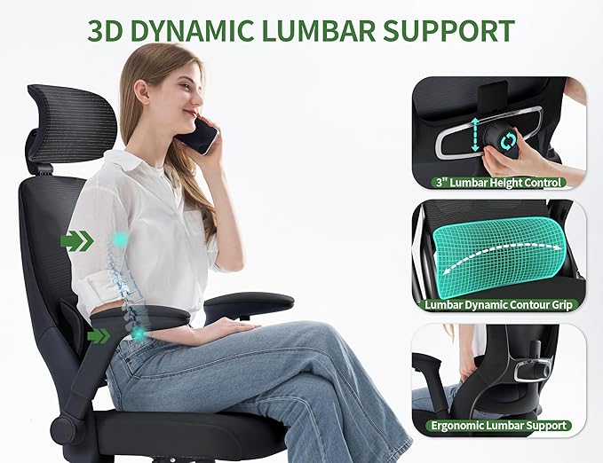 Office Chair - Ergonomic Desk Chair with Adjustable Headrest Lumbar Support Computer Chair - Mesh Comfy Chairs with Flip-up Armrests - Big and Tall Gaming Chairs for Adults Home Office(Black)