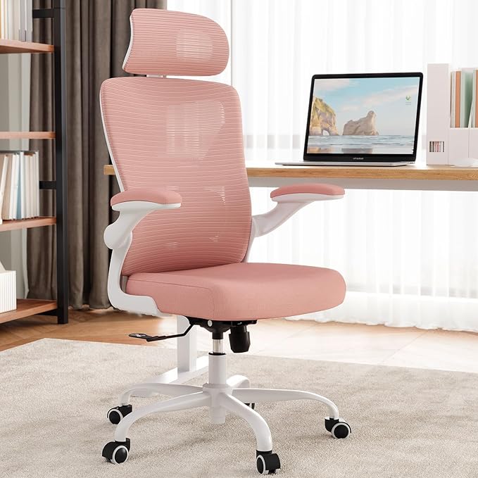 Pink Ergonomic Office Chair: Mesh Desk Chair Comfy with Adjustable Lumbar Support 330lbs High Back Computer Gaming Chair - Big and Tall Office Chairs with Headrest - Adults Home Office