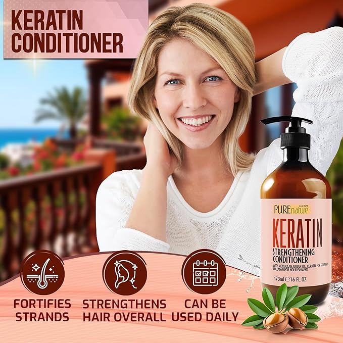 PURE NATURE LUX SPA Keratin Conditioner for Women and Men - Deep Conditioning Treatment to Repair Dry, Damaged Hair and Split Ends - Strengthening Sulfate Free Formula - 16 Fl Oz