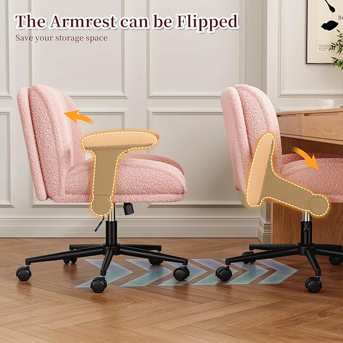 Criss Cross Chair with Wheels,Wide Cross Legged Office Chair with Flip-Up Arms & Extra-Deep Seat Thickened for Home Office, Vanity Chair for Apartment,Plush Cushion,Comfy,Pink