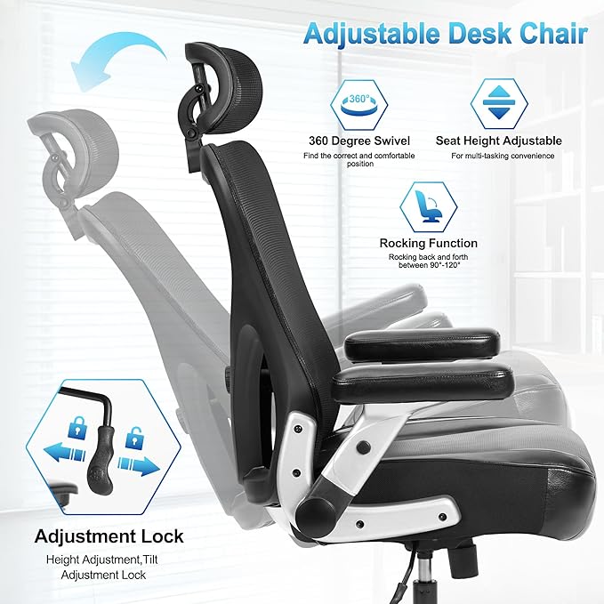 Super Big and Tall Office Chair 700lbs- Heavy Duty Executive Computer Chair with Rubber Wheels 3D Flip Arms, Ergonomic Mesh High Back Desk Chair, Extra Wide Seat Adjustable Lumbar Support & Headrest