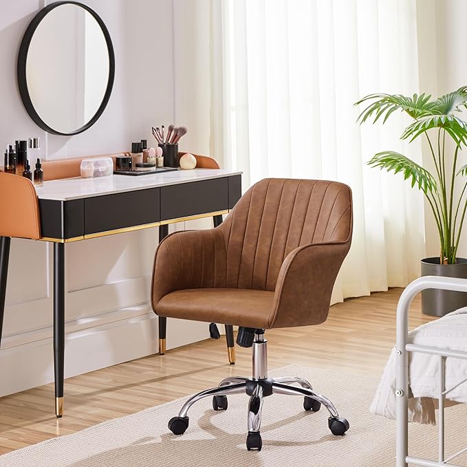 Yaheetech Modern Faux Leather Desk Chair Makeup Chair Height Adjustable Swivel Office Task Computer Armchair for Living Room Retro Brown