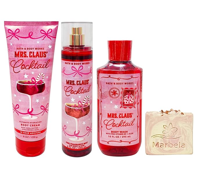 Bath & Body Works Mrs. Claus' Cocktail 3 Piece Gift Set - Body Cream, Fragrance Mist and Body Wash - with a Himalayan Salts Springs Bar Soap - Full Size