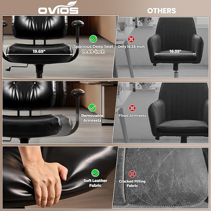 ovios Ergonomic Office Chair, Mid Back Faux Leather Executive Chairs with Thick Cushion, Comfy Mid-Century Modern Swivel Rolling Computer Armchair (Black, PU Leather)
