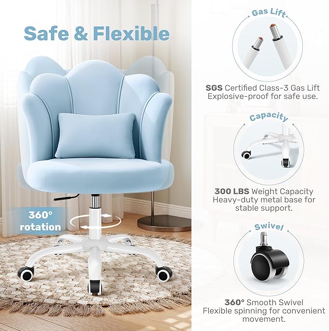 Petal Vanity Chair with Wheels, 3.15" Extra Thick Comfy Makeup Chair, Adjustable Modern Swivel Armless Desk Chair for Girls Women, Aesthetic Small Office Chair for Bedroom Dorm