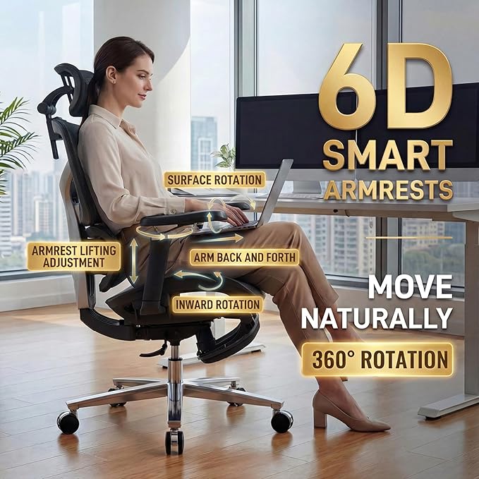 Ergonomic Office Chair with Footrest & Massage Lumbar Support – Adjustable Seat Depth & Back Height Reclining Big and Tall 400LBS Mesh Chair, 4D Headrest & 6D Armrests, for Home Office/Gaming (Black)