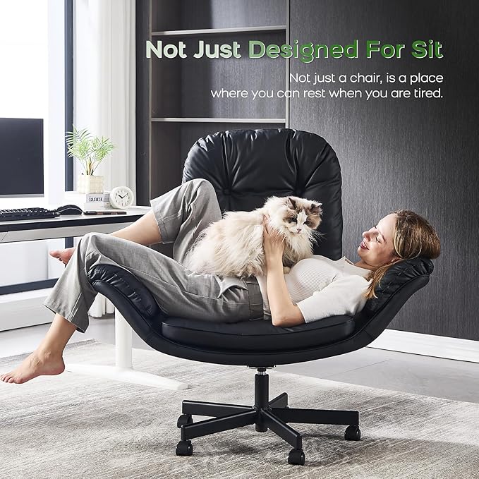 Criss Cross Chair with Armrests & Wheels for Cross-Legged Sitting, Comfortable Adjustable Swivel Office Desk Chair –PU Leather Vanity Chair for Home, Makeup and Bedroom (Black)