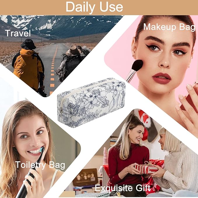 Cute Floral Cotton Makeup Brush Cosmetic Bag for Women, Travel Quilted Zipper Make Up Bag, Flowers Toiletry Organizer Case Kawaii Makeup Cosmetic Travel Cloth Pouch (Navy Blue Flower)