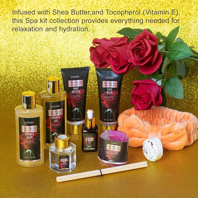 Luxury 14 pcs Cherry Blossom & Rose Bath and Body Basket Gift, Face Skin Care Kit, Home Spa Self Care, Relaxing Care Kit, Birthday, Christmas, Mother, Bridal Shower, Anniversary