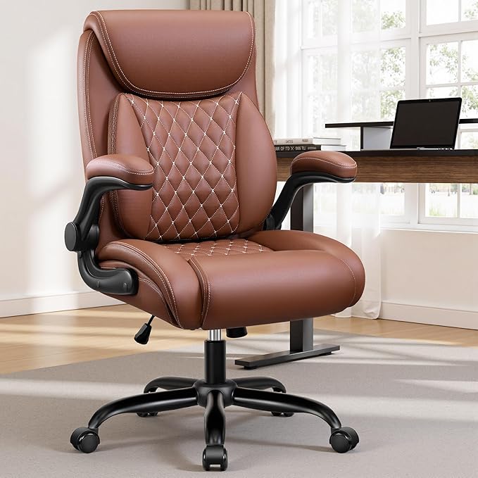 Office Chair,Ergonomic Office Chair with Lumbar Support for Lower Back Pain Relief, Executive Leather Chair with Padded Flip-up Arms, Wheels and Adjustable Armrests, Brown Pack of 6