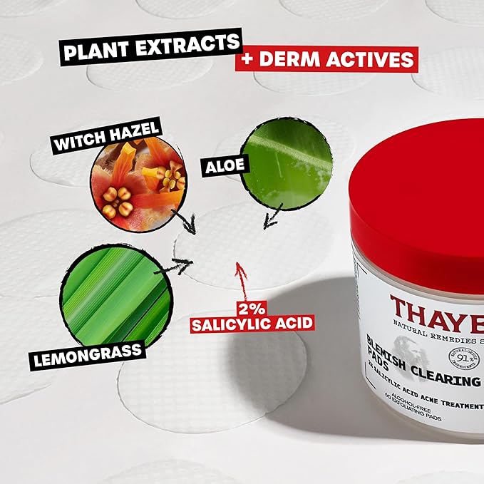 Thayers Blemish Clearing Acne Pads, Salicylic Acid Acne Treatment, Pore Reducing, Exfoliating, and Soothing Toner Pads, 60 Ct + Invisible S.O.S Hydrocolloid Acne Pimple Patch, Ultra-Thin, 22 Patches