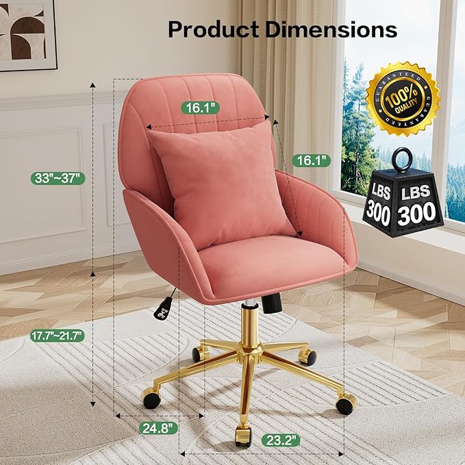 Home Office Desk Chair Comfy with Adjustable Swivel Wheels, Modern Velvet Makeup Vanity Chair with Back & Pillow, Ergonomic Office Chair Computer Task Chair for Living Room, Bedroom, Coral Red