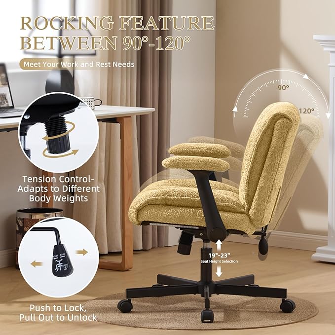 Criss Cross Legged Office Chair with Flip-Up Arms and Wheels, Wide Seat Desk Chair with Built-In Dynamic Airbag Lumbar Support, Modern Cross-Leg Chair for Home Office, Apartment, Vanity, Yellow