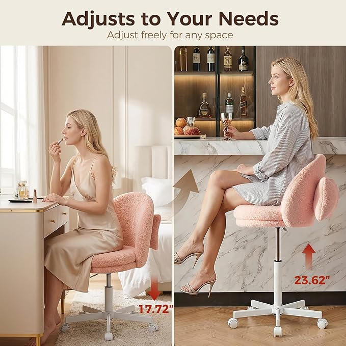 GTPOFFICE Vanity Chair with Back, Adjustable Tall Office Chair High Swivel Bar Stools Fluffy Cute Desk Chair Comfy with Wheels Bow Pillow Armlees for Adults Standing Desk Bar, Soft Velvet, Pink