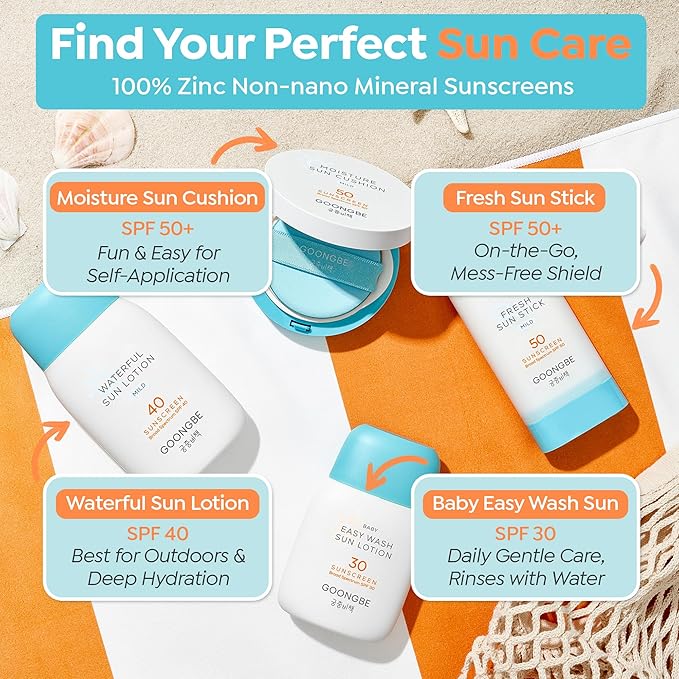 GOONGBE Waterful Sun Lotion Mild SPF 40 - Zinc Oxide Water Resistant Mineral Sunscreen for Babies, Kids & Adults - Hypoallergenic, Vegan, Reef-Safe - Korean Sun Care for Sensitive Skin, 2.82 fl.oz.