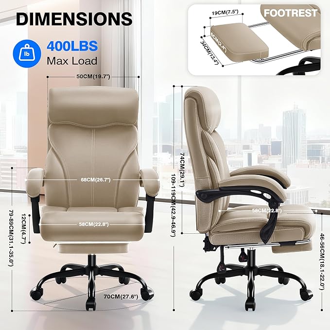 AreShark Office Chair - Ergonomic Comfortable High Back Computer Desk Chair with Foot Rest - Executive Breathable Swivel Rolling Reclining Leather Chair with Lumbar Support for Home Gaming Relaxing