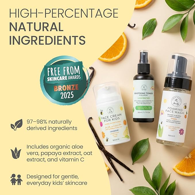Skincare Set for Kids - Gentle Facial Wash, Unscented Soothing Toner and Cream - Natural Skin Care for Boys and Girls with Aloe Vera and Vitamin C - Vegan, Paraben-Free - Award-Winning - Ages 6-12