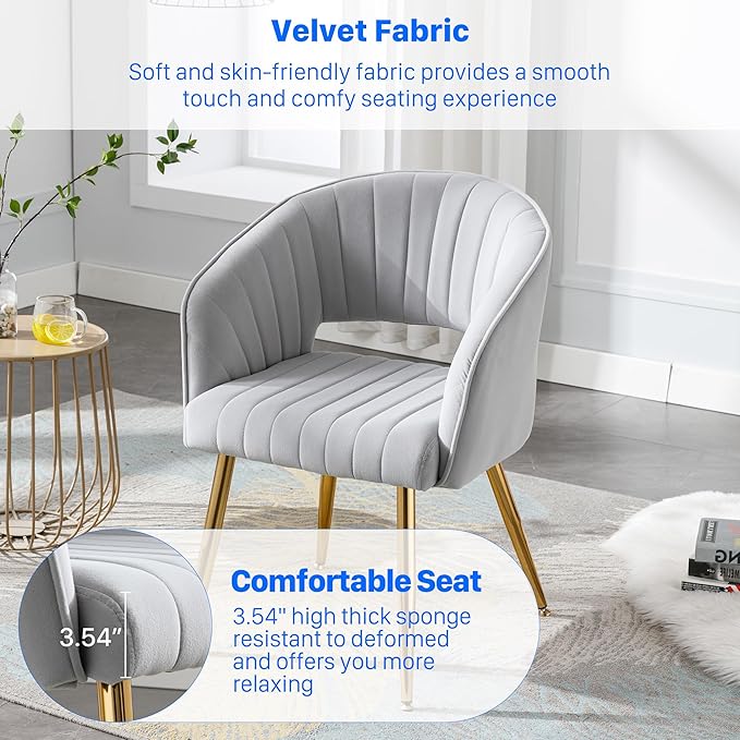 Home Office Chair Velvet Desk Chair Accent Armchair Upholstered Modern Tufted Chairs with Gold Legs for Girls Women Ergonomic Study Seat Computer Task Stools for Living Room(Light Gray)