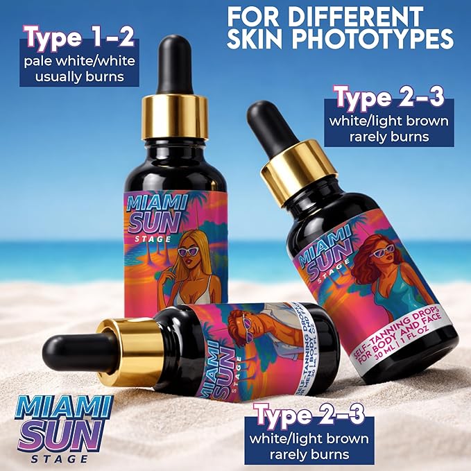 MIAMI SUN STAGE Self Tanning Drops for Men - Medium to Dark Tan (Skin Type 2-3) - Face & Body Bronzer Mixer - Natural Sunless Tanner with Aloe, Avocado - Vegan & Non-Sticky, 1 fl oz