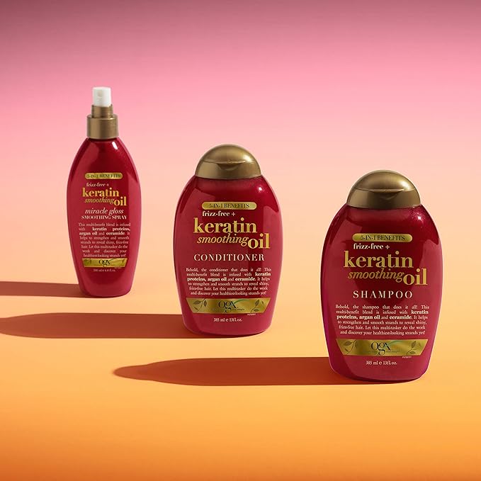 OGX Frizz-Free + Keratin Smoothing Oil Conditioner, 5 in 1, for Frizzy Hair, Shiny Hair, RED, 385 ml (Pack of 2)