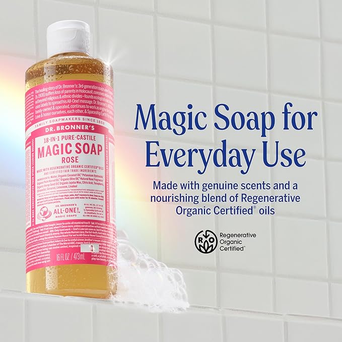 Dr. Bronner's Pure-Castile Magic Liquid Soap (Rose, 16 Ounce, 2-Pack)- Made with Regenerative Organic Certified Oils, 18-in1 Uses: Face, Hair, Hand & Body Soap, Laundry, Pets- Concentrated, Vegan