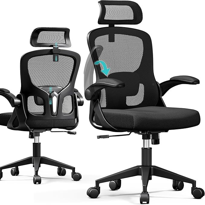 Ergonomic Office Chair, Mesh Desk Chair with Adjustable Headrest & Lumbar Support, Rolling Computer Chair with Flip-up Armrests, Comfy Swivel Home Office Chair for Long Hours - Black