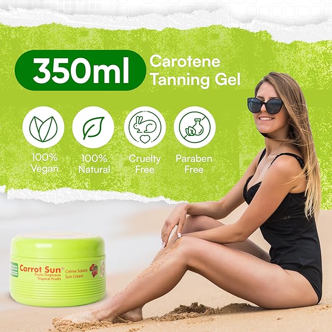 Carrot Sun Tanning Accelerator – 350ml Tropical Fruits Tanning Gel – Natural Extract Dark Tanning Lotion for All Skin Types – Tan Lotion with Tropical Fruits for Even Beautiful Skin Coloring – SPF0
