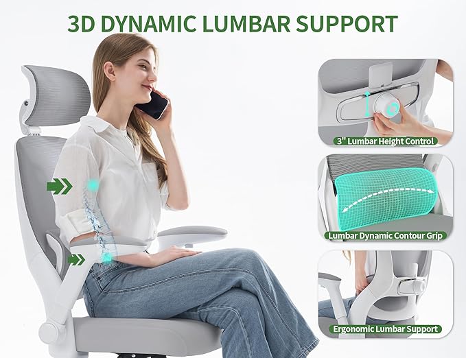Ergonomic Office Chair - Computer Desk Chairs Comfy, Mesh High-Back Gaming Chair with Adjustable Lumbar Support, Executive Task Chair for Adults, Comfortable for Long Hours (Gray)