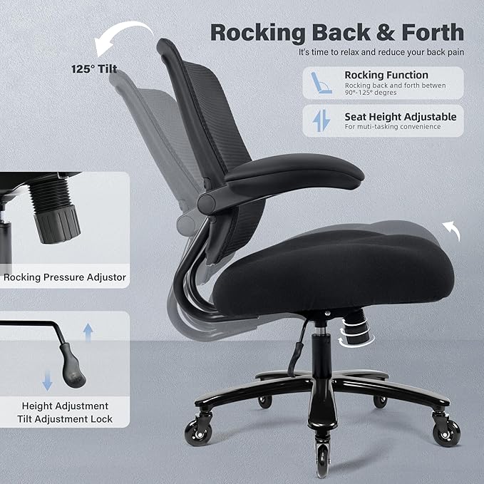 500LBS Big and Tall Office Chair with Flip-Up Armrests, Heavy Duty Office Chair for Heavy People, Memory Foam Seat Filling Springs, Black