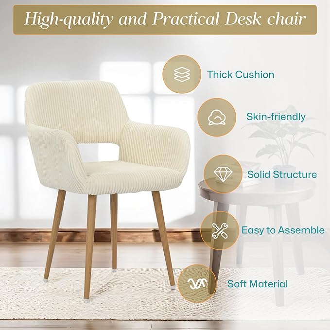 HENJIANYI Home Office Corduroy Desk Chair, Makeup Vanity Chair, Comfy Accent Armchair with Wood Grain Metal Legs, Cute Dining Chair with Hollowed Back, Beige