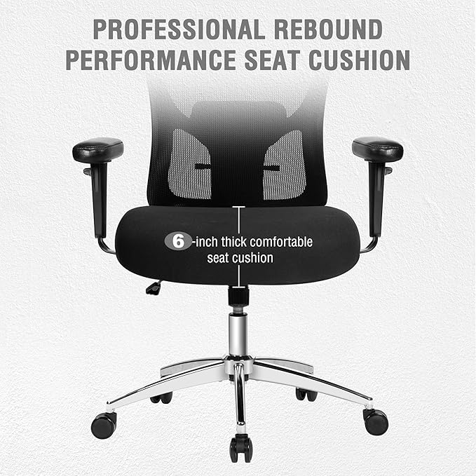 Bigroof Big and Tall Office Chair 600lbs, Heavy Duty Ergonomic Mesh Chair, Computer Executive Desk Chair with Wide Thick Seat, Adjustable Armrests, Lumbar Support (Black, 600LBS)