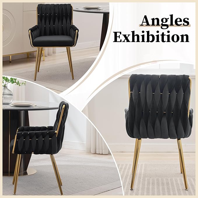 ABET Office Desk Chair No Wheels, Woven Velvet Vanity Chair with Back & Armrest, Comfy Upholstered Cute Gold Metal Legs Makeup Aesthetic Armchair for Girls & Women Bedroom, Nail Spa, Black