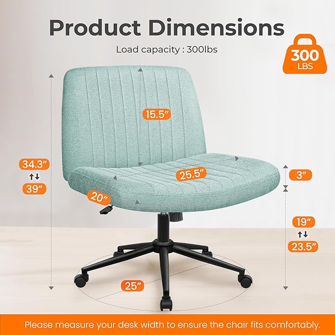 NEO Chair Criss Cross Chair with Wheels Armless Cross Legged Office Desk Wide Comfy Vanity Makeup Chair Adjustable Swivel Rolling Computer for Home Office Fabric (Mint)