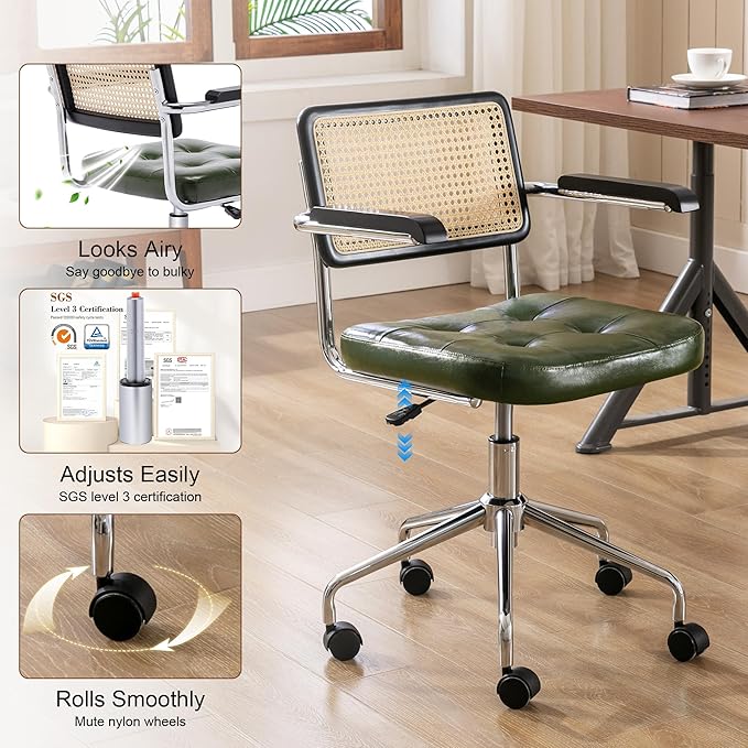 Zesthouse Modern Home Office Chair Leather Desk Chair with Rattan Back, Vanity Chair for Girls Women, Upholstered Tufted Swivel Armchair for Bedroom, Height Adjustable Computer Task Chair