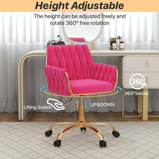 Velvet Home Office Chair, Modern Height-Adjustable Vanity Chair with Golden Base and Hand-Woven Backrest for Bedroom/Study/Vanity (Hot Pink)