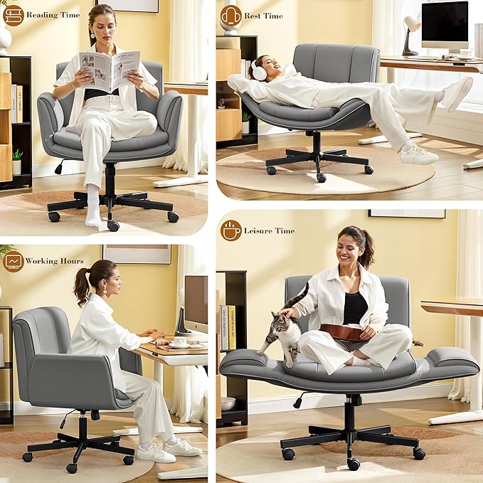 Criss Cross Chair with Wheels & Armrests,Comfy Wide Vanity Chair,Scratch-Resistant Pu Leather Cross Legged Desk Chair,Height Adjustable Computer Office Desk Chairs for Home,Makeup,Bedroom
