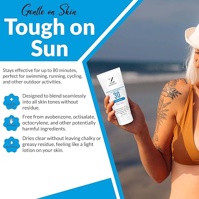 Zealios Sport Performance Mineral Reef Safe SPF 30 Sunscreen, 3 oz Tube, Water & Sweat Resistant (80 min) Non-Greasy, 20% Non-Nano Zinc Oxide, for Running, Cycling, Swimming